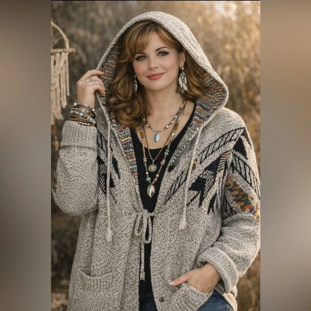 *And The Why - hooded, Aztec pattern cardigan sweater jacket